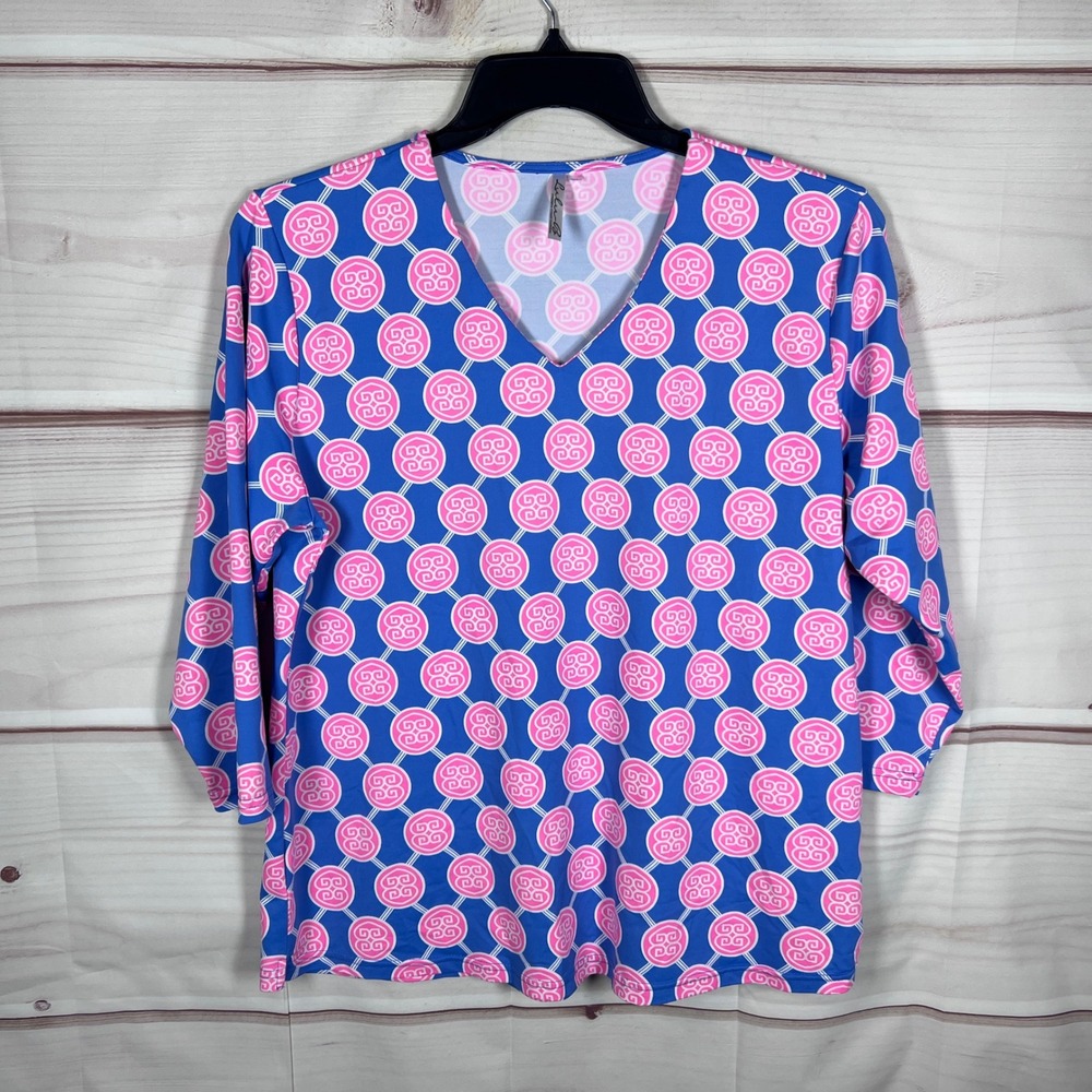 Lulu-B Top Womens XL Blue Pink Geometric V-Neck 3/4 Sleeve UPF 50 T-Shirt Preppy